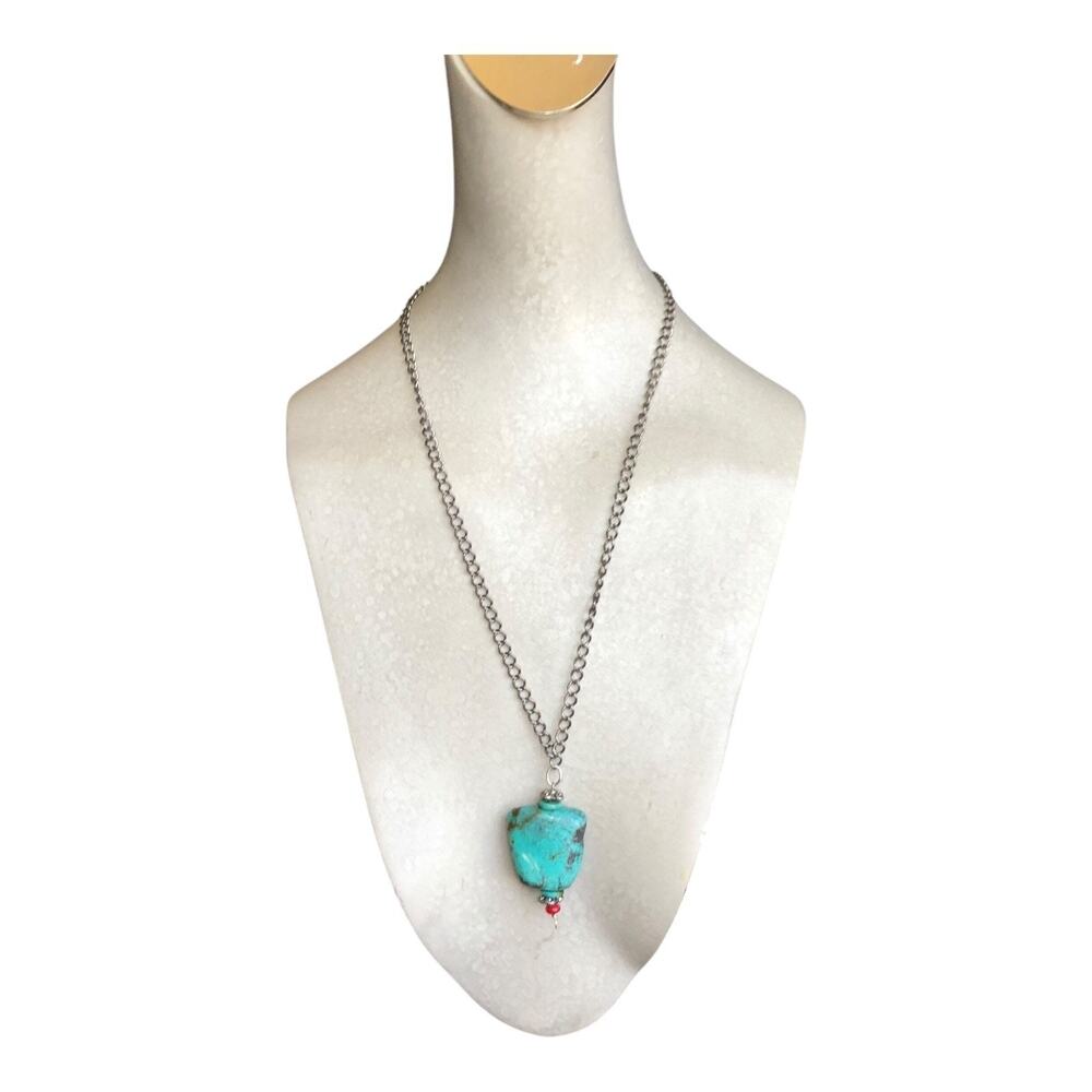 Boho Chunky Turquoise Color Stone Pendant Necklace Silver Tone Curb Chain